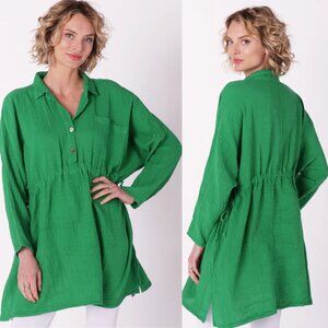 SHANNON PASSERO Cotton Gauze Cinch Waist Tunic Top Womens M/L Kelly Green Casual